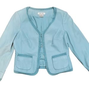 Nine West Blue Leather Jacket Crochet Trim Sz Small